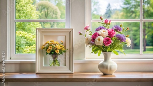 Symmetrical arrangement of vase, flowers, picture, window frame