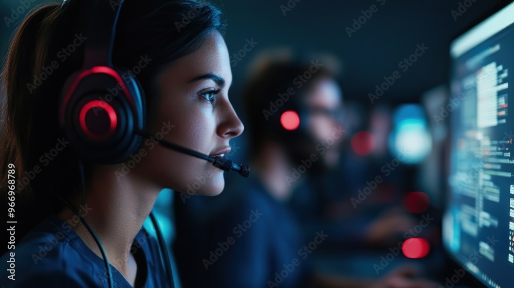 Female gamer in headset focused on computer screen. Female gamer in headset focused on computer screen.