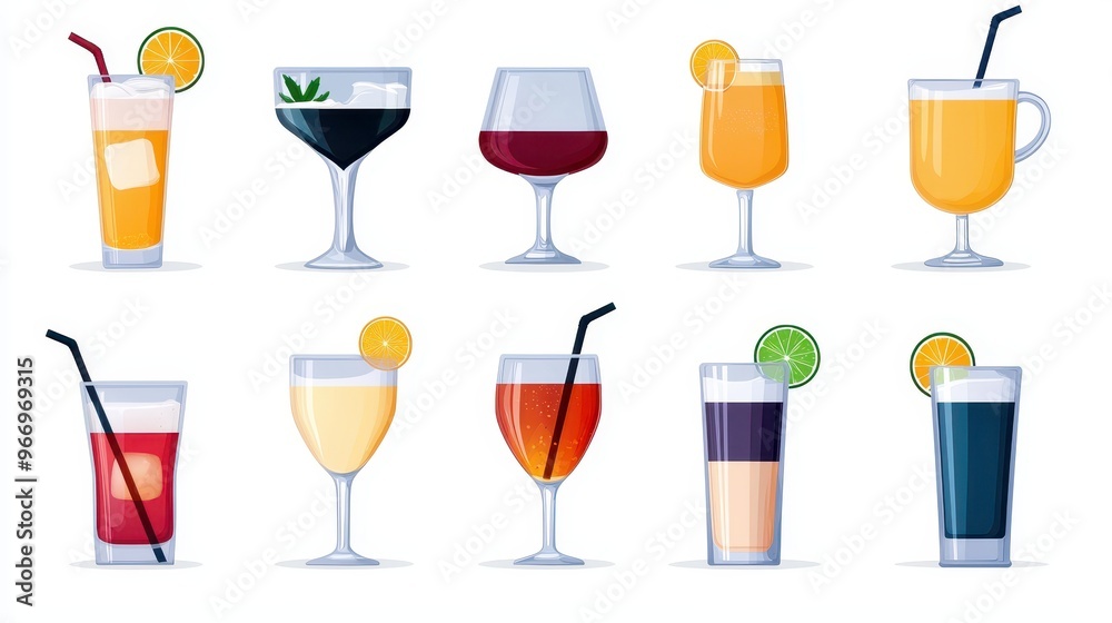 Colorful Cocktails and Drinks with Straws and Fruit Garnish