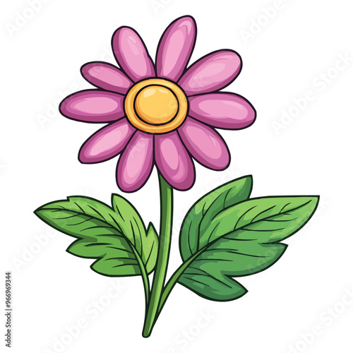 vector magenta dahlia flower clipart with green leaves on the stem