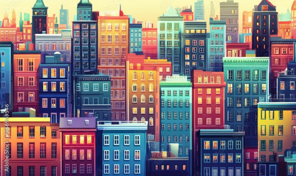 2D cartoon illustration of urban buildings in a vibrant cityscape 2D cartoon illustration of urban buildings in a vibrant cityscape