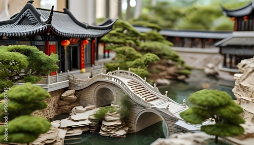 Intricate miniature model of an ancient Chinese temple featuring a bridge, showcasing exquisite architectural craftsmanship and cultural heritage photo