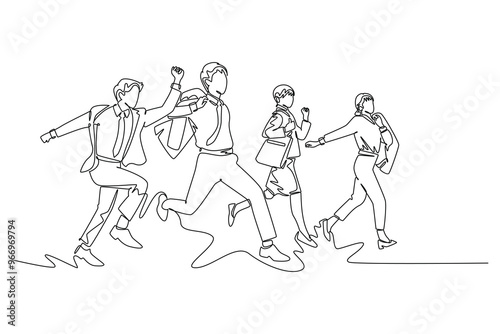 Continuous one line drawing group of business people or commuter workers running fast to get to the office on time. Urban employee in rush concept. Single line draw design vector graphic illustration