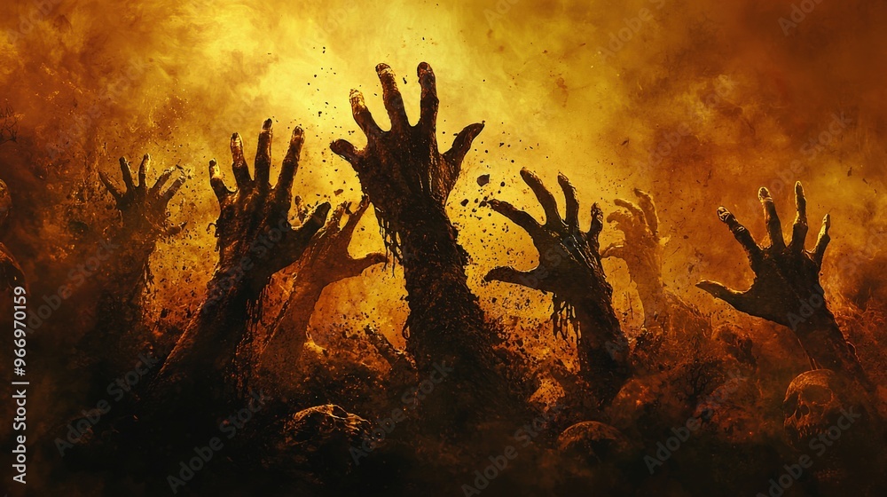 A multitude of ghastly zombie hands emerging from the earth in a spooky Halloween night scene, featuring a dark, ominous background and plenty of copy space