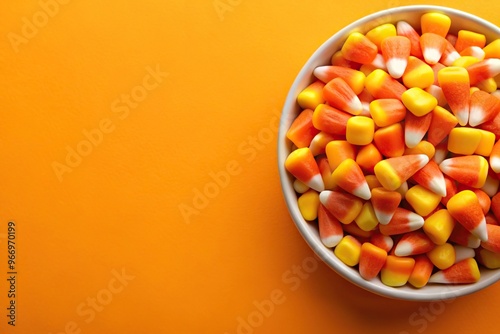 Symmetrical bowl of candy corn on orange background with copy space photo