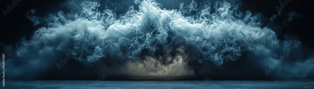 Obraz premium Real smoke dramatically exploding outwards with an empty center, eerie fog effect, perfect for a spooky Halloween background, dark and mysterious atmosphere