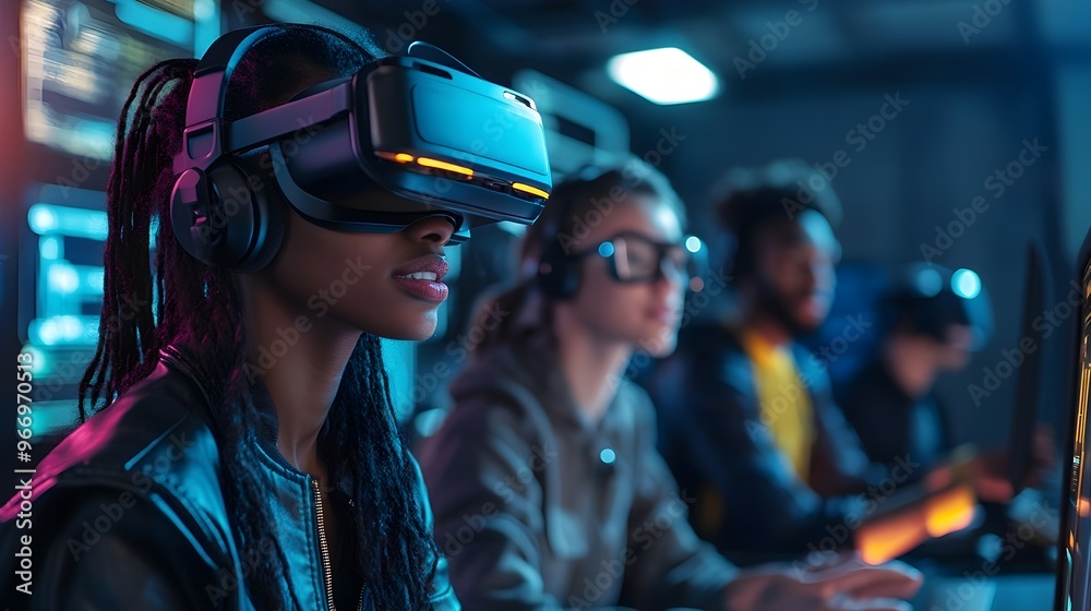 Woman in VR Headset with Friends Gaming in Blue Light
