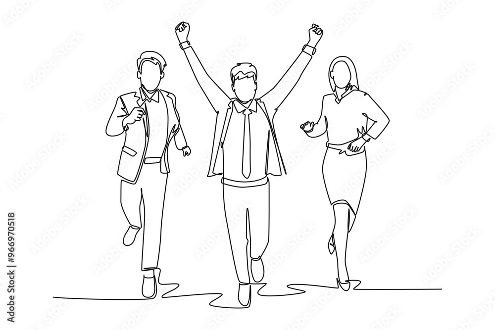Single one line drawing happy group of male and female worker crossing finish line after winning the race. Business running competition concept. Continuous line draw design graphic vector illustration Single one line drawing happy group of male and female worker crossing finish line after winning the race. Business running competition concept. Continuous line draw design graphic vector illustration