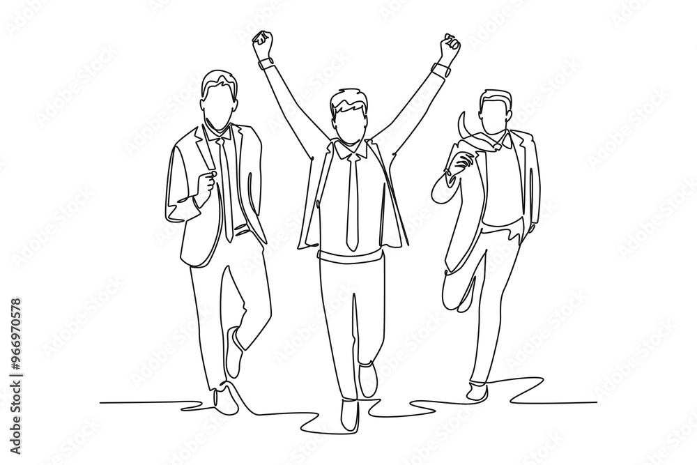 Single one line drawing of male worker rise his hand fist to the air when crossing finish line winning running competition beating competitor. Continuous line draw design graphic vector illustration Single one line drawing of male worker rise his hand fist to the air when crossing finish line winning running competition beating competitor. Continuous line draw design graphic vector illustration