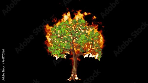 Burning Cartoon Tree. Fire Effect Animation on Transparent Background Isolated 4K Video. Visual Effects and Motion Graphics Element.