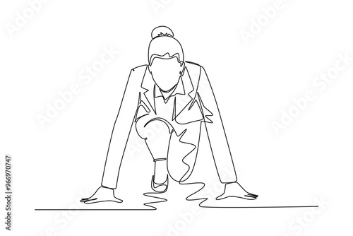 Single one line drawing front view of businesswoman get ready to sprint run on running track. Business race challenge and competition concept. Continuous line draw design graphic vector illustration