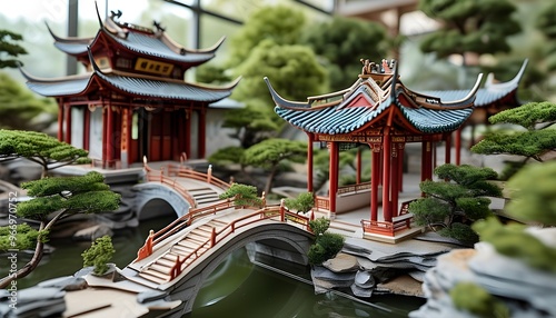 Intricate miniature model of an ancient Chinese temple featuring a bridge, showcasing exquisite architectural craftsmanship and cultural heritage photo