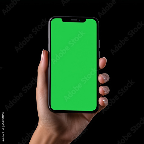 hand holding smartphone with green screen, mockup, advertising, Ai generated images photo