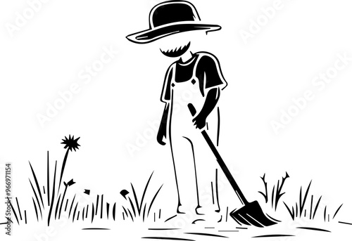 A minimalistic black and white sketch of a farmer working the soil with a shovel.