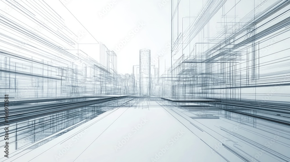 3D illustration of an abstract modern urban landscape featuring a line drawing of imaginative architectural construction in a unique perspective design 3D illustration of an abstract modern urban landscape featuring a line drawing of imaginative architectural construction in a unique perspective design