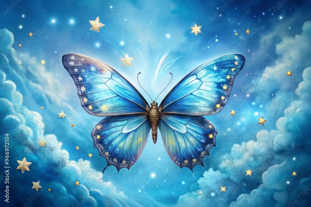 Delicate blue butterfly with intricate wing patterns and a body adorned with small, sparkling tattoo stars on a serene summer sky background. Delicate blue butterfly with intricate wing patterns and a body adorned with small, sparkling tattoo stars on a serene summer sky background.