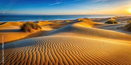 Symmetrical coastal dune landscape with undulating sands and golden light