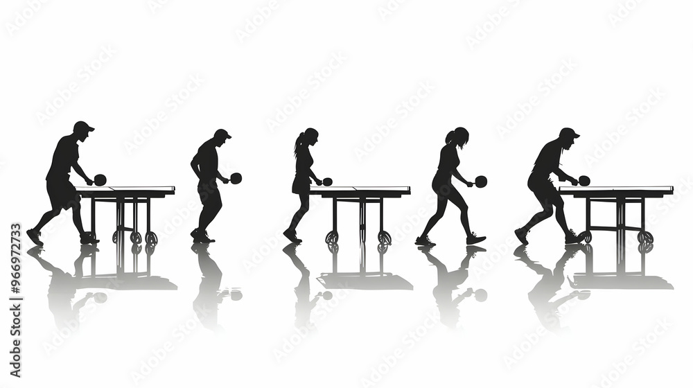 Silhouette sequence of people playing table tennis, showcasing movement and action. Silhouette sequence of people playing table tennis, showcasing movement and action.