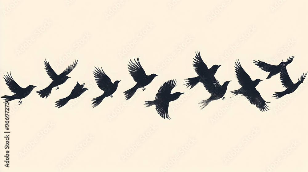 Obraz premium Silhouette of birds in flight against a light background, showcasing movement and freedom.