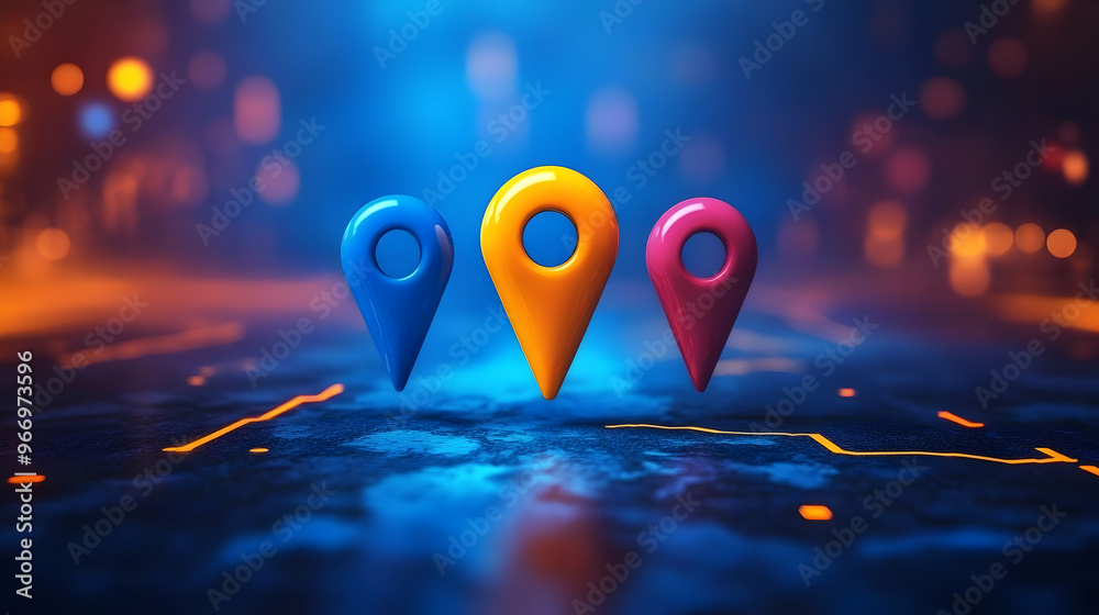 Three colorful location pins on a digital background, symbolizing navigation and mapping. Three colorful location pins on a digital background, symbolizing navigation and mapping.