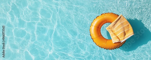 A vibrant orange lifebuoy with a yellow towel rests on the shimmering blue pool water.