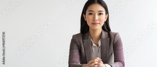 Businessfocused Asian woman in a multicolored office suit, seated at a desk, white background for commercial use photo