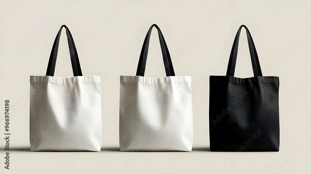 Three tote bags in white and black on a neutral background, showcasing minimalist design. Three tote bags in white and black on a neutral background, showcasing minimalist design.