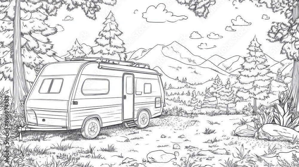 Camping themed coloring book page illustration Camping themed coloring book page illustration