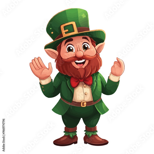 Cute cartoon leprechaun with a red bow tie and green suit