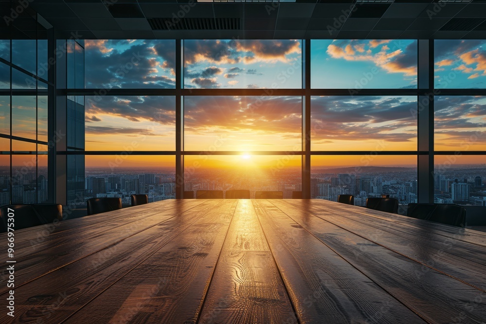spacious conference room with a large wooden table illuminated by the setting sun. Behind the panoramic windows you can see a city with tall buildings against the backdrop of a picturesque sunset. War spacious conference room with a large wooden table illuminated by the setting sun. Behind the panoramic windows you can see a city with tall buildings against the backdrop of a picturesque sunset. War