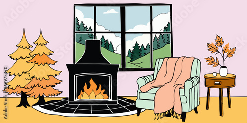 A charming living room scene with a classic fireplace, an inviting armchair, and a window showcasing a peaceful mountain view framed by autumnal trees.