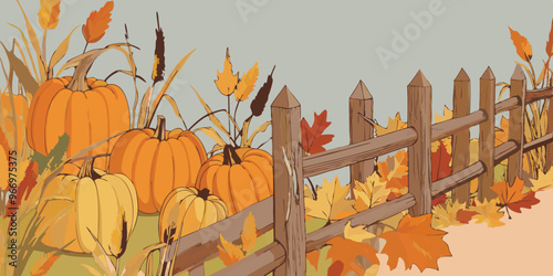 A rustic autumn scene depicting plump pumpkins resting by an old wooden fence, surrounded by fallen leaves and golden corn stalks.