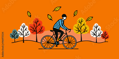 A colorful illustration featuring a cyclist on an orange path, surrounded by stylized trees with falling leaves, evoking a lively autumn vibe.