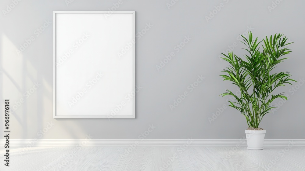 White Wall with Blank Frame Potted Plant and White Wood Floor White Wall with Blank Frame Potted Plant and White Wood Floor