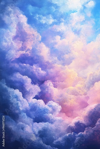 Abstract oil painting featuring a sky background with fluffy clouds capturing natural scenery and weather elements