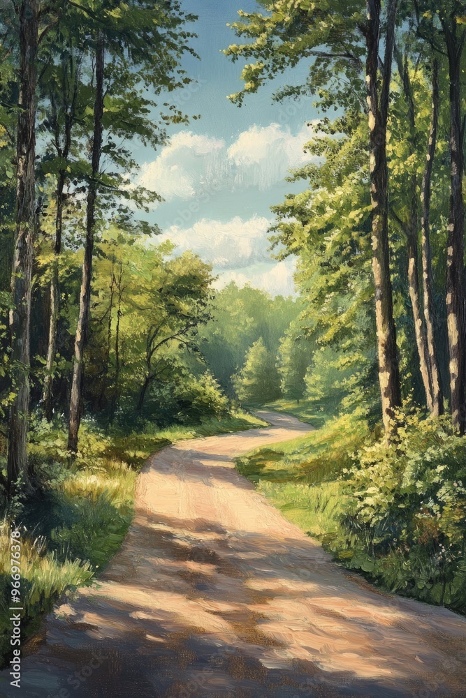 Fototapeta premium Oil painting depicting a scenic road surrounded by nature