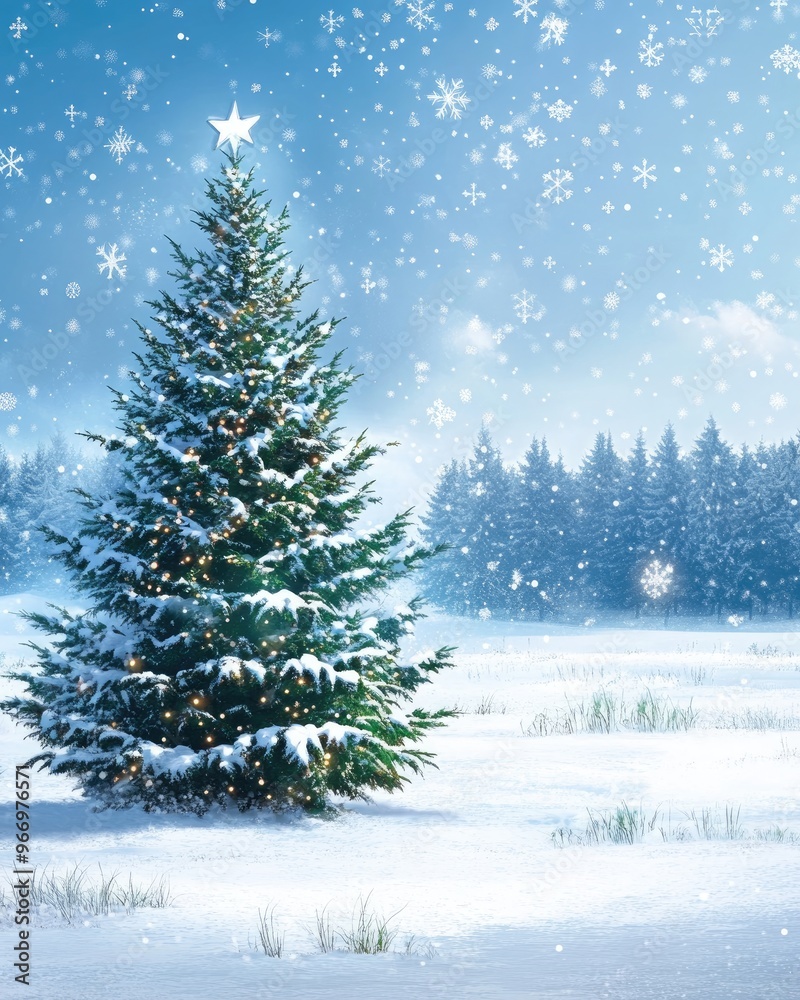 Snow covered field featuring a Christmas tree perfect for a winter scene with snowflakes ideal for festive themes Snow covered field featuring a Christmas tree perfect for a winter scene with snowflakes ideal for festive themes