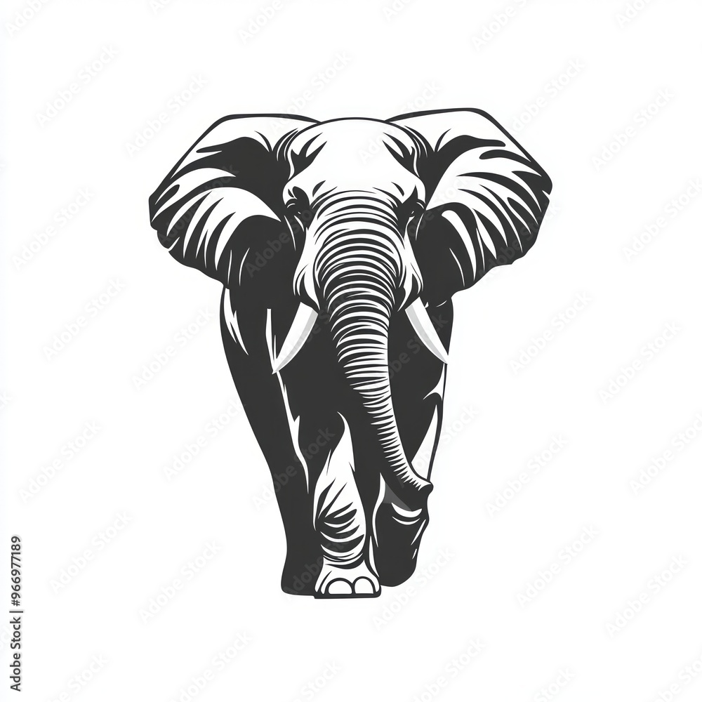 A black and white illustration of an elephant walking forward. A black and white illustration of an elephant walking forward.