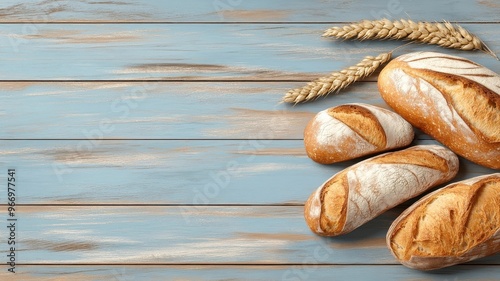 Stylized illustration of bread arranged geometrically on a rustic table. photo