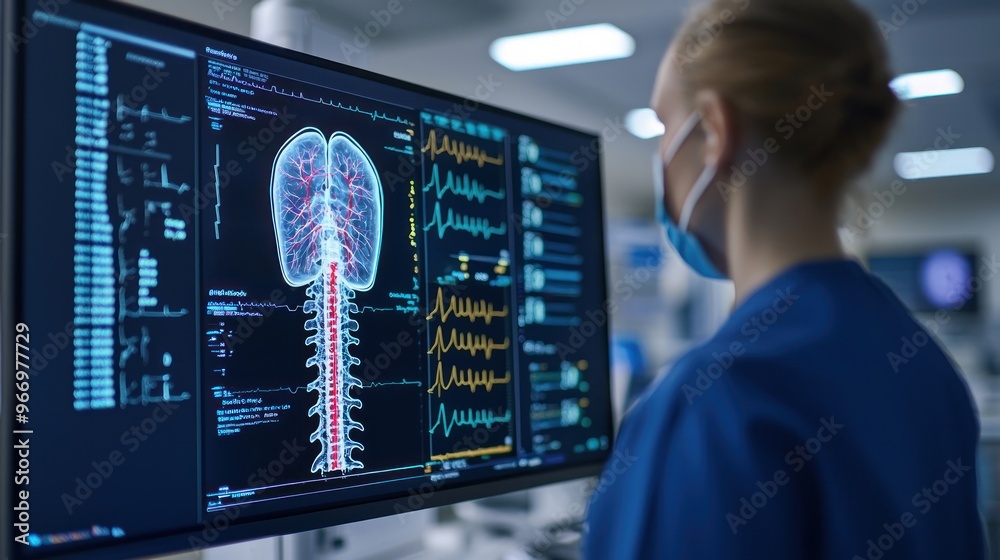 Doctor looking at brain scan on monitor.