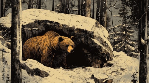 Retro drawing of a brown bear peeking from its den in a winter forest scene beneath a large rock photo