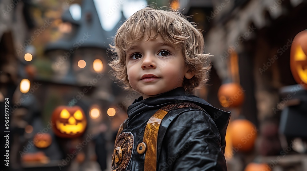 An adorable boy poses in his Halloween costume, surrounded by bright orange pumpkins. An adorable boy poses in his Halloween costume, surrounded by bright orange pumpkins.