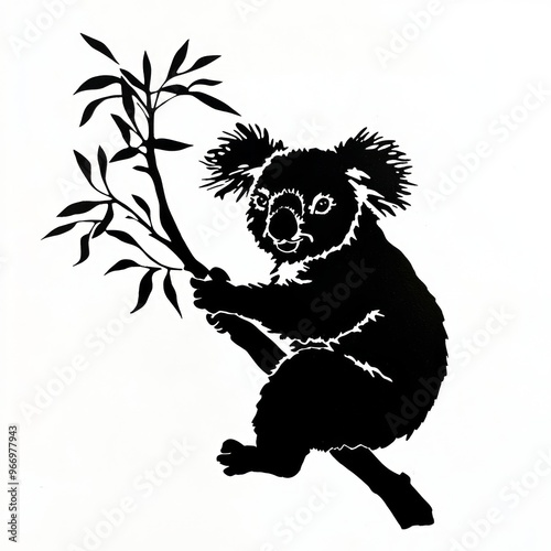 A black and white silhouette of a koala sitting on a branch. photo