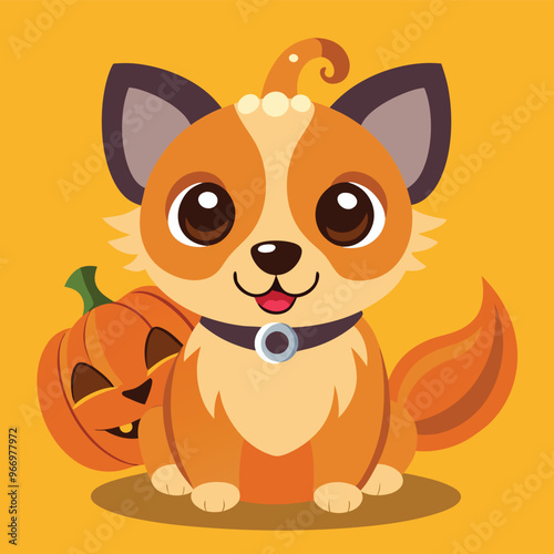 Cute cartoon siberian husky puppy on pastel background.