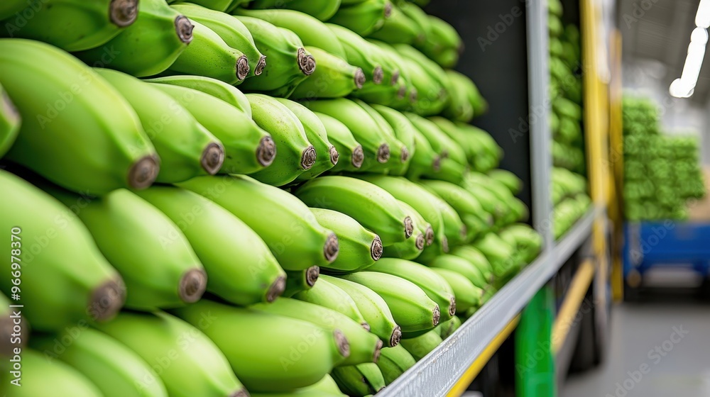 Fototapeta premium Fresh Green Bananas Close up on Supermarket Shelf