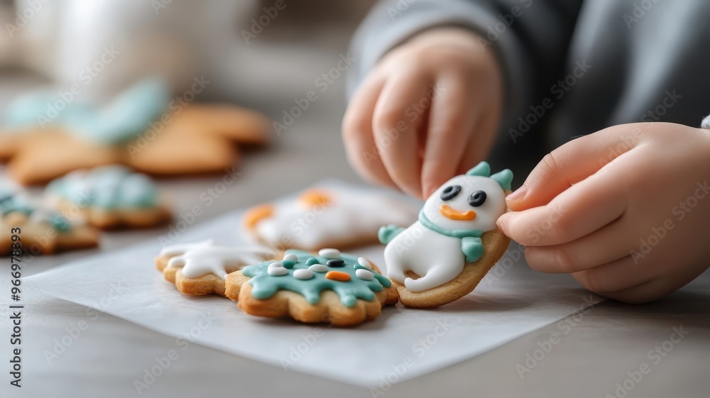 Close-up of hands decorating monster-themed sugar cookies with vibrant icing, highlighting the creative process.