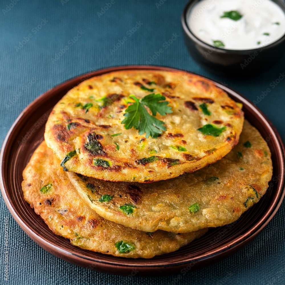 Indian traditional breakfast food aloo paratha is a potato stuffed flatbread served with curd Indian traditional breakfast food aloo paratha is a potato stuffed flatbread served with curd