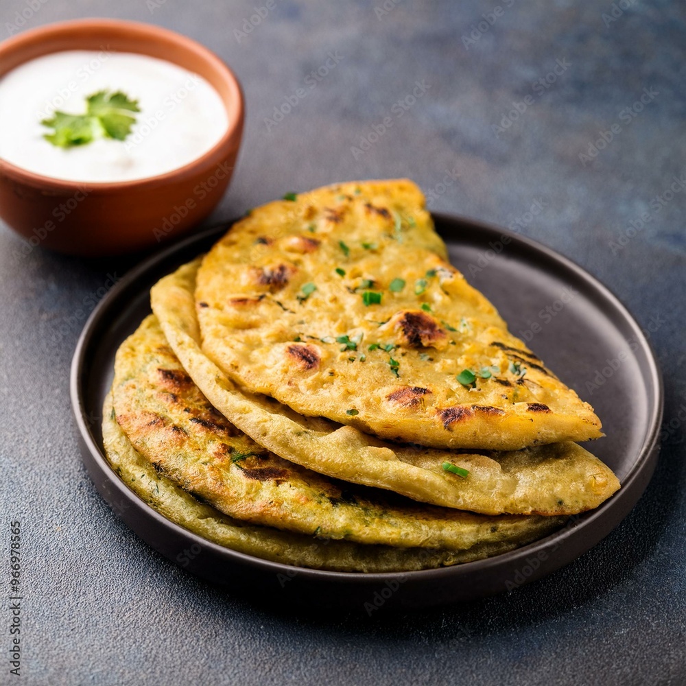 Indian traditional breakfast food aloo paratha is a potato stuffed flatbread served with curd Indian traditional breakfast food aloo paratha is a potato stuffed flatbread served with curd