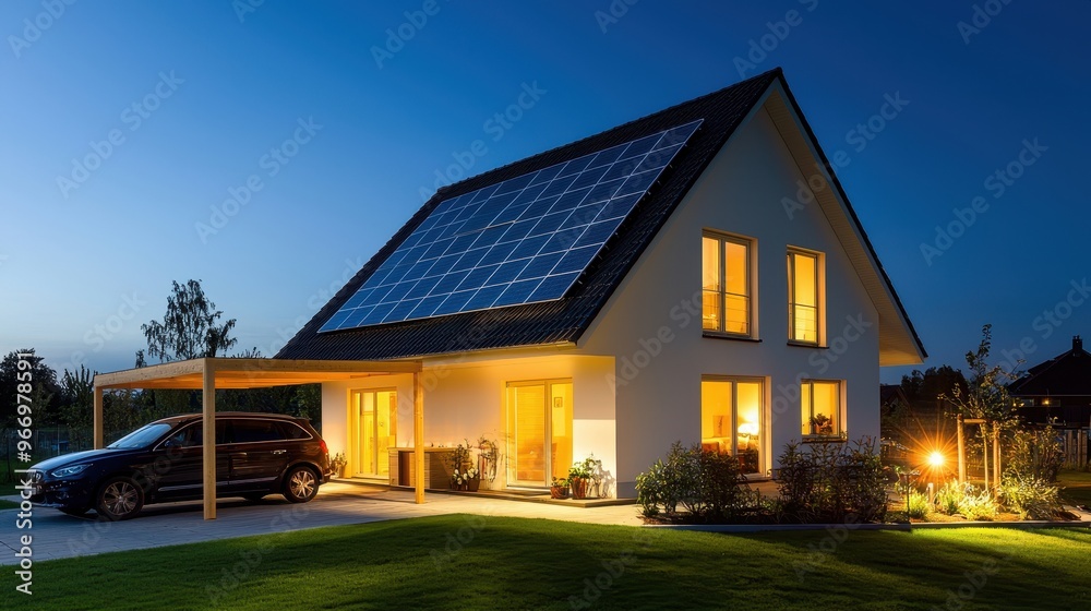 Modern House with Solar Panels and Carport at Night Modern House with Solar Panels and Carport at Night