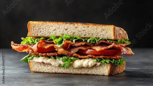 A chef assembling a classic BLT sandwich, layering bacon, lettuce, tomato, and mayonnaise between toasted bread, focusing on ingredient freshness.